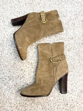 Veronica Beard Suede Buckle Ankle Boots in Tan